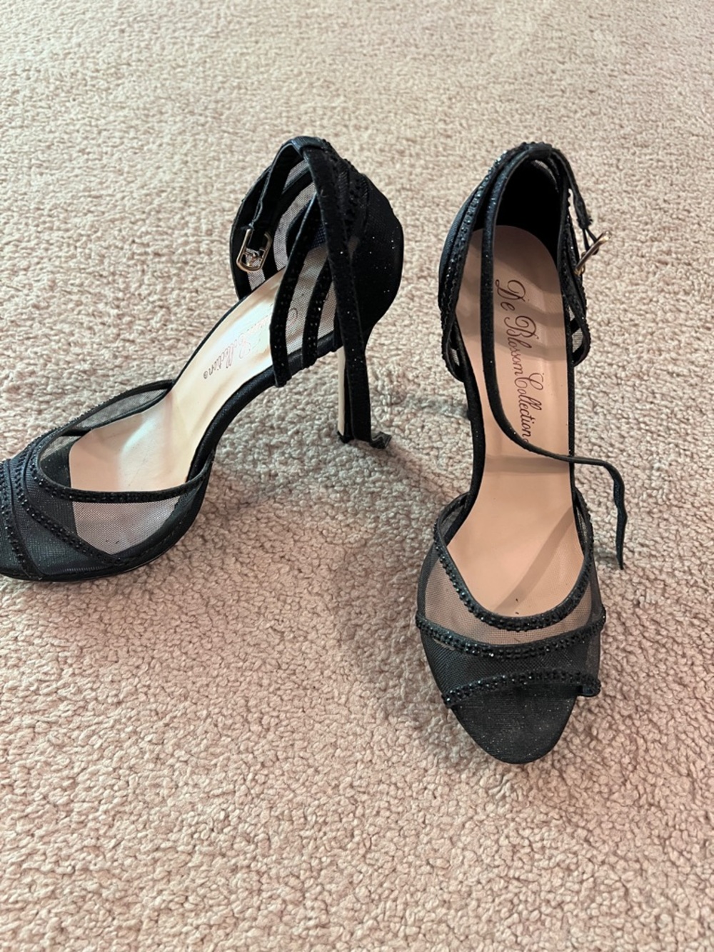 De Blossom Collection Black Mesh Strappy Stiletto Heels